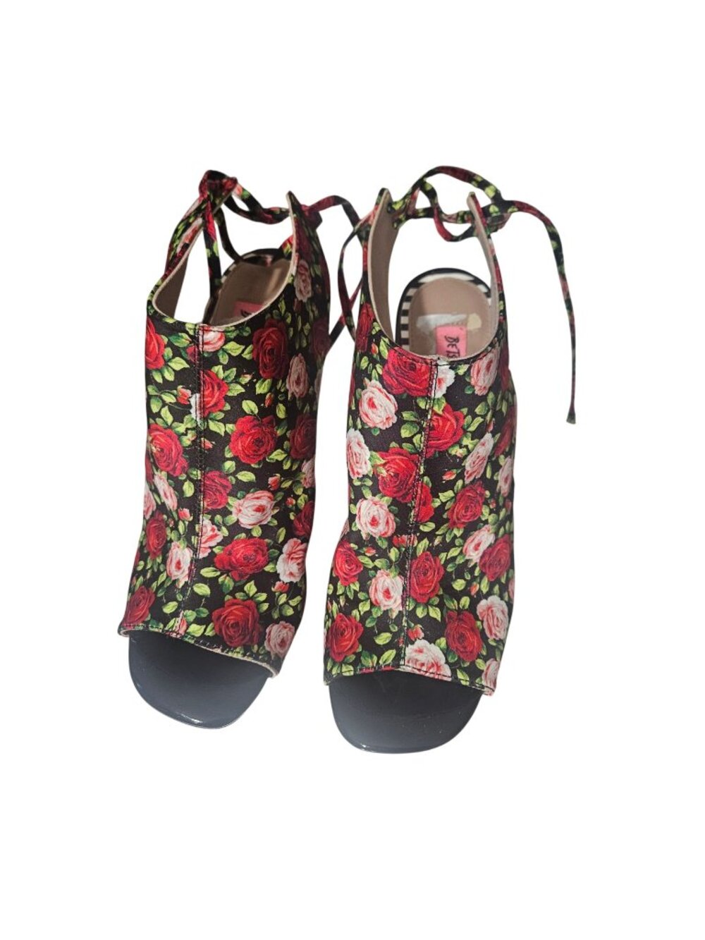 Betsey Johnson Rexie 8M Floral Lace-Up Peep Toe Stiletto Heels Black/Red Roses
